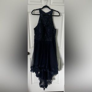 TLC say YES to the PROM. Navy blue lace and sequence with high low cut, glitter